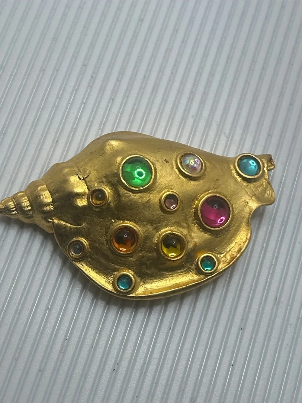 Vintage JJ Park Lane Gold-tone Shell Brooch with Multicolor Cabochons